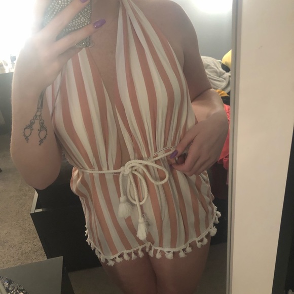 Striped Backless Salmon and White Romper - Picture 3 of 4
